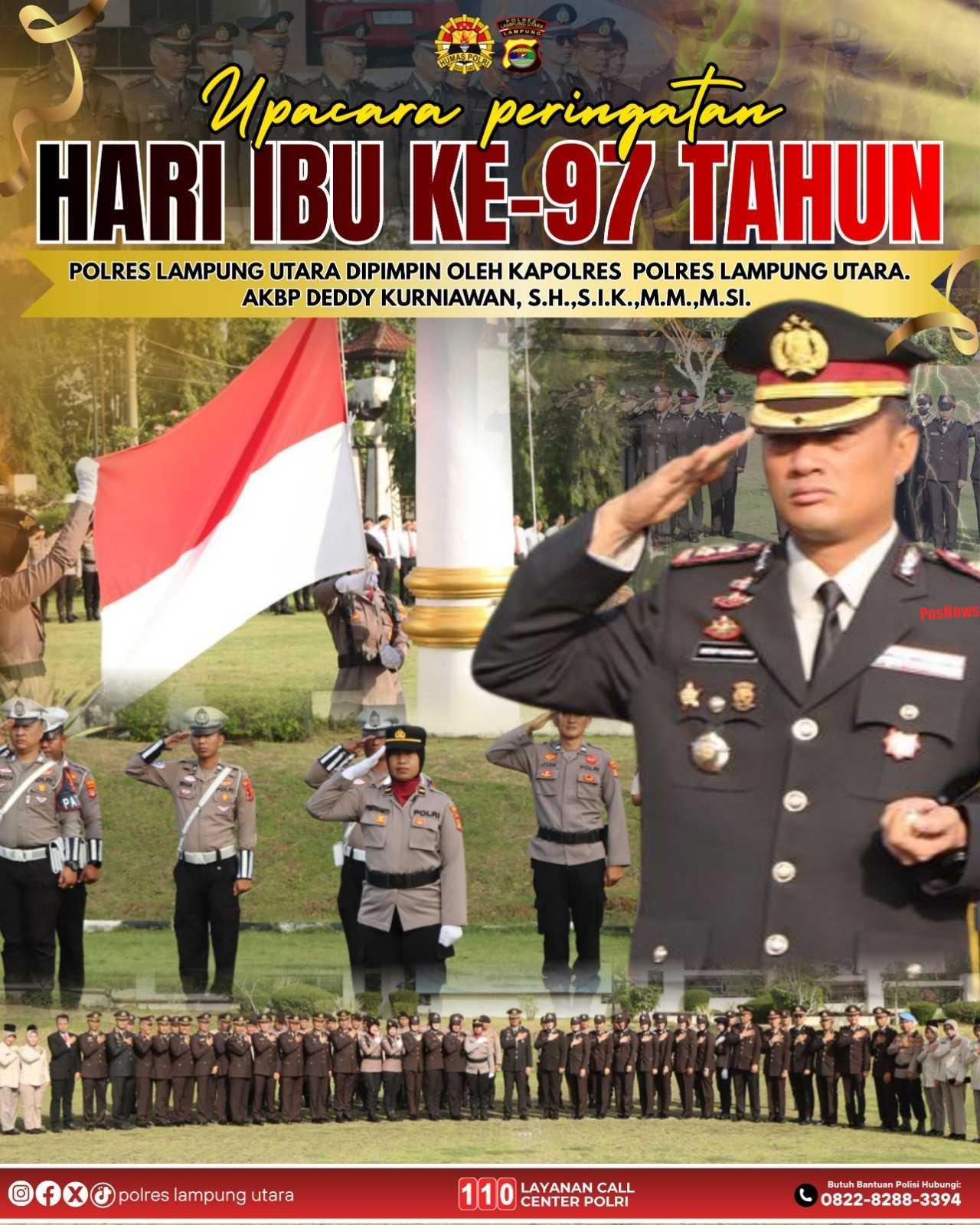 Hari Ibu ke-97, Kapolres Lampung Utara Inspektur Upacara dan Seluruh perangkat Upacara Dari Polwan Polres Lampung Utara Juga ASN